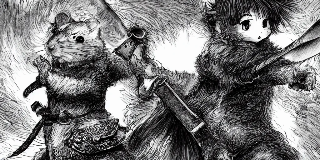 Prompt: a hamster posing with a sword in the style of Berserk manga