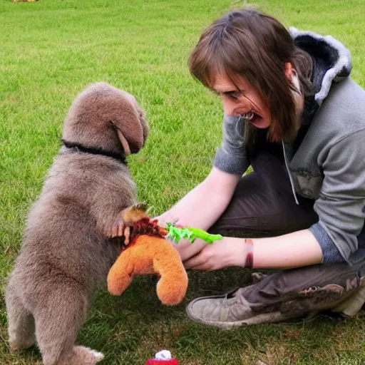 Image similar to a cute friendly zombie playing with a puppy