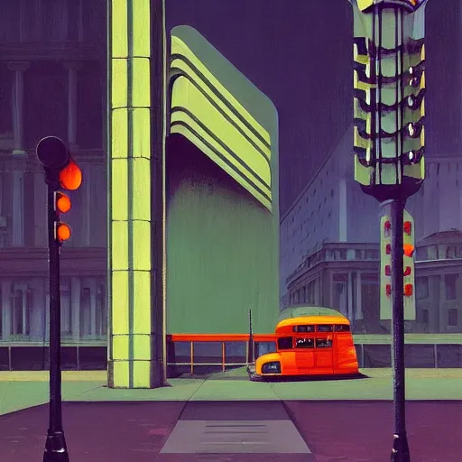 Prompt: art deco dark city bus stop, highly detailed, very coherent, painted by Francis Bacon and Edward Hopper, Wayne Barlowe, painted by James Gilleard, surrealism, oil painting, art by JamesJean