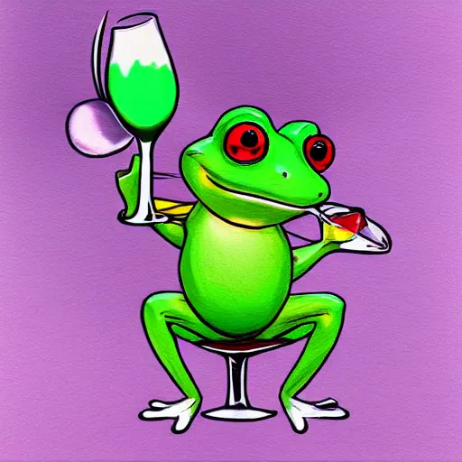 Image similar to princess frog drinking red wine, by style loish