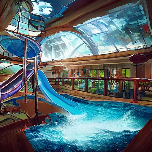 Image similar to waterslides in a house, digital art, cinematic lighting, epic composition, highly detailed