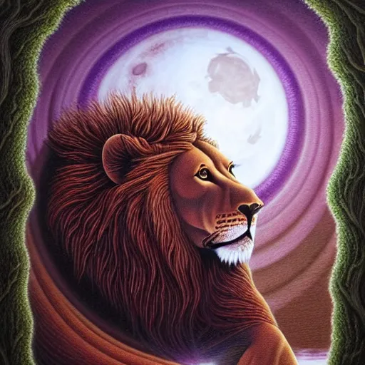 Image similar to an anthromorphic lion meditating in a zen garden with a waterfall under the blood moon, by Adi granov and afarin sajedi and amanda sage and evgeni gordiets and Agostino Arrivabene and adonna khare in a psychedelic portrait style, ultrarealistic matte painting, volumetric lighting, fractal, extremely symmetrical, highly detailed face, orisha, 8k, hd