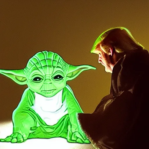 Image similar to yoda teaching english to donald trump, photorealistic dramatic lighting