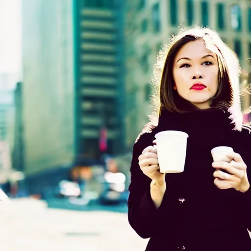 Prompt: film still of a woman drinking coffe, walking to work, long shot, wide shot, full shot