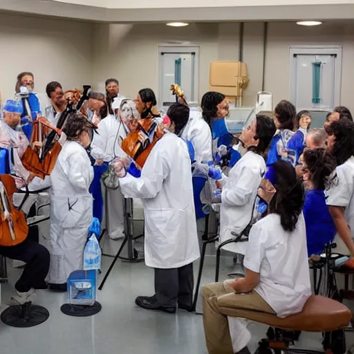 Image similar to doctors playing music with instruments made out of clear tubing, syringes, urine collection bag, iv pole, fluid bag, nebulizer equipment, bag - valve mask, intubation equipment, speculum, defibrillator, coban, flexiseal, picc dressing. capacity crowd at concert in surgical theater.