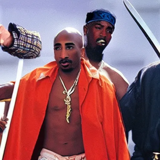 Image similar to tupac having an epic swordfight with obama, cinematography, action movie