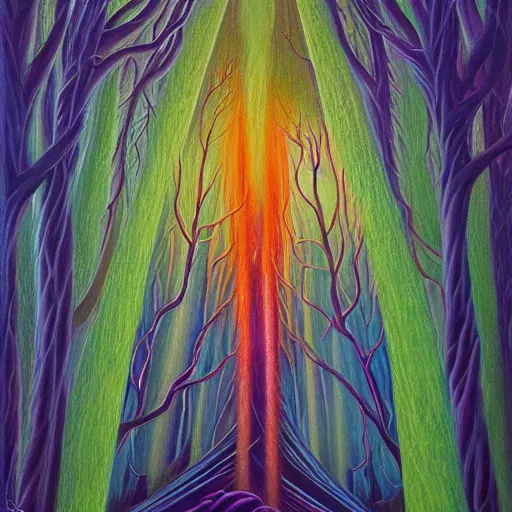 Image similar to painting of the master of light and energy in dense foggy forest by Alex Grey, acrylic art, ethereal, soothing, somber, elegant, warm light, cozy, glows,