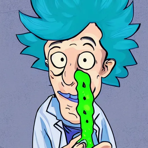 Image similar to drunk scientist called rick whit blue hair turning him self into a pickle during an experiment, digital art