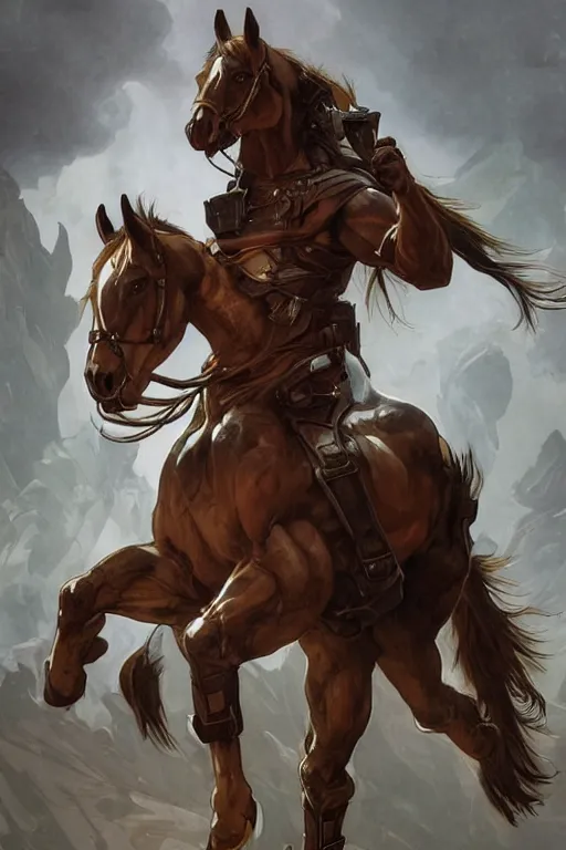 Image similar to splash art of an exaggeratedly muscular anthro horse character, wearing a tactical bodysuit, kevlar fabric, full body, highly detailed, digital painting, artstation, concept art, sharp focus, illustration, art by artgerm and greg rutkowski and alphonse mucha