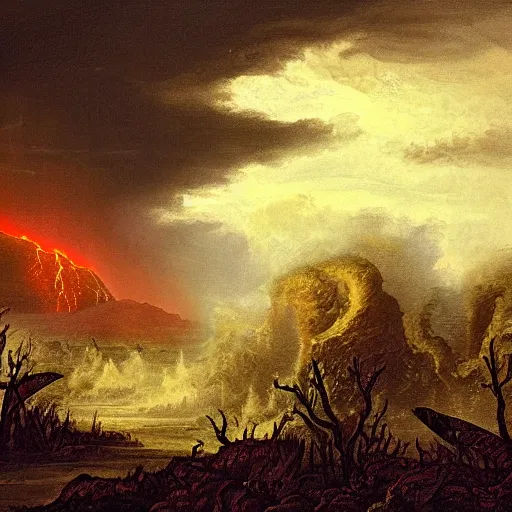 Prompt: hellish landscape, thunderstorm, with massive killer spike hornets terrorizing horrified trilobites, within a dessert