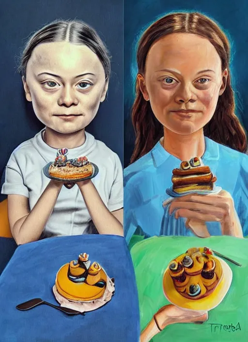 Image similar to greta thunberg eating cakes painted by salvador dali, detailed digital art, trending on Artstation