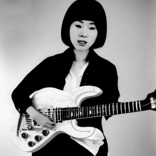 Image similar to a black and white photograph of a female japanese artist playing an electric guitar, 1 9 7 0 s