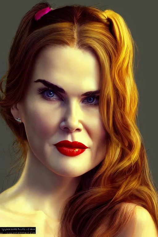 Image similar to mix of beautiful young maria shriver, mariel hemmingway, brooke shields, nicole kidman and elle macpherson as a snake girl with fangs, thin lips, hair tied up in a pony tail, dark blonde hair, colorful, artstation, cgsociety