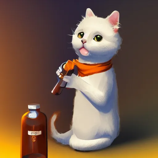 Prompt: a cat standing next to a bottle of medicine, the cat is smiling, the cat is orange, the cat is fluffy, digital art, artstation, animal,