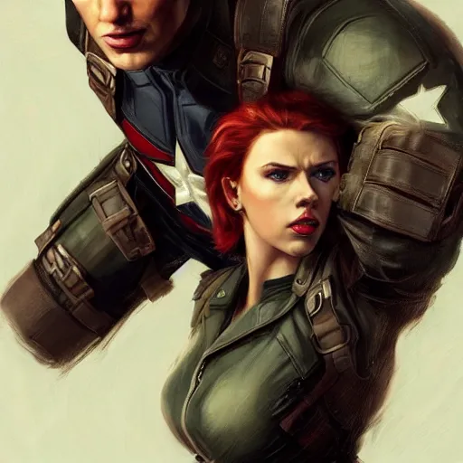 Image similar to a still of captain america played by by scarlett johansson wearing dieselpunk outfit, face portrait, hd shot, digital portrait, elegant, beautiful, fantasy art, artstation, comic style, by artgerm, guy denning, jakub rozalski, magali villeneuve and charlie bowater