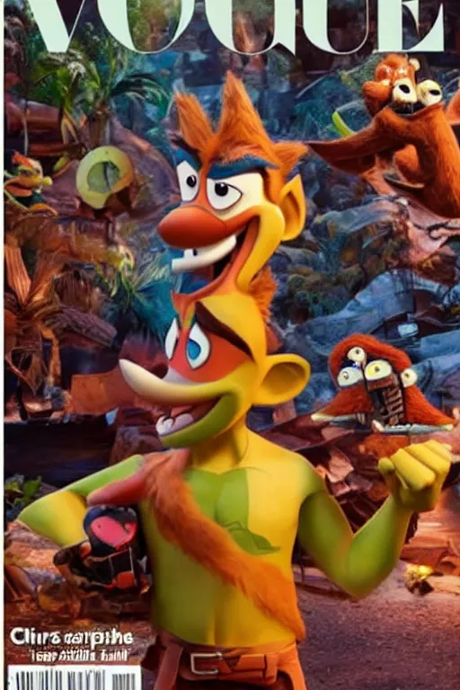 Image similar to Chris Pratt as Crash Bandicoot, set photograph, cover of Vogue