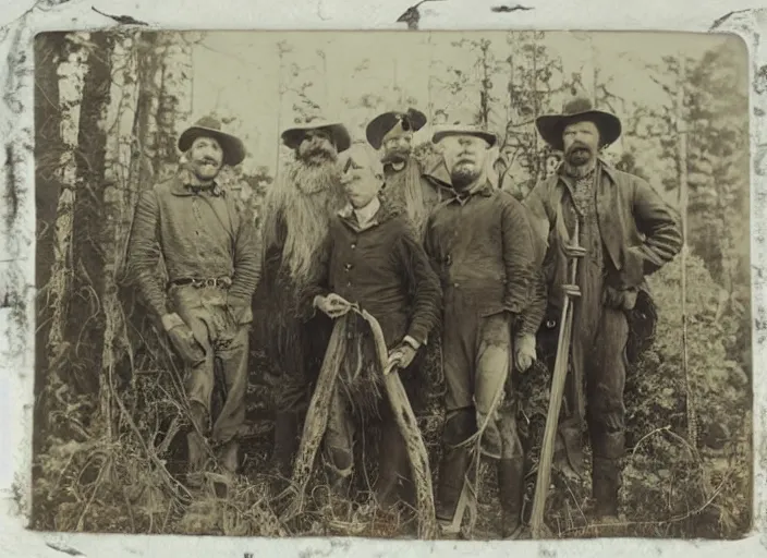 Image similar to tintype photo of a group of hunters posing with a giant dead sasquatch ape beast