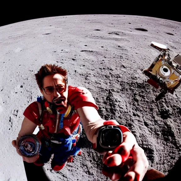 Prompt: robert downey jr eating a hot dog on the moon, dynamic lighting, gopro selfie with a fisheye lense