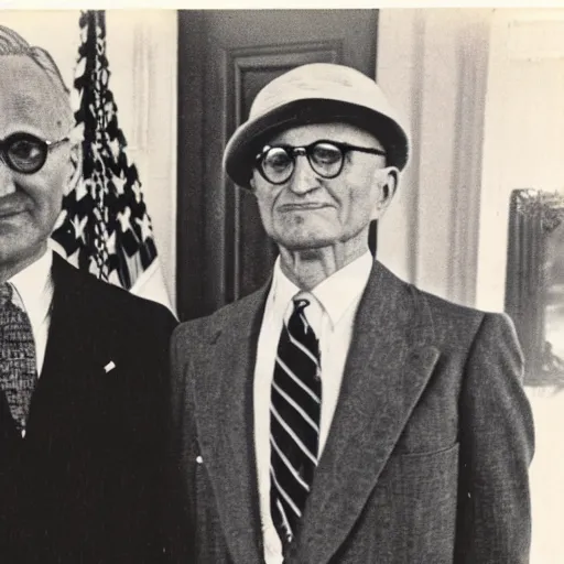 Prompt: monochrome vintage photograph of Harry Truman standing next to a tall cute alien in the white house, ultra detailed, ultra intricate,