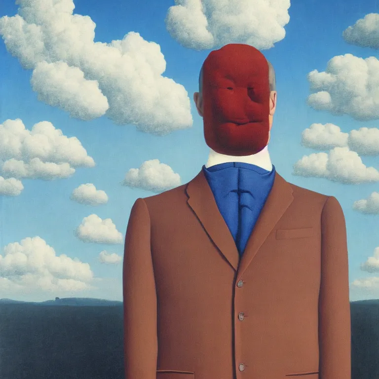 Image similar to portrait of a faceless sack - head man in a suit, clouds in the background, by rene magritte, detailed painting, distance, centered, hd, hq, high resolution, high detail, 4 k, 8 k