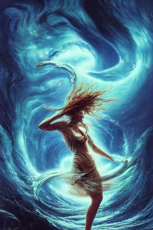 Image similar to a fractal dancer in a tornado emerges from a stormy sea by artgem and greg rutkowski and karol bak, vivid colors, trippy, nebula, trending on artstation