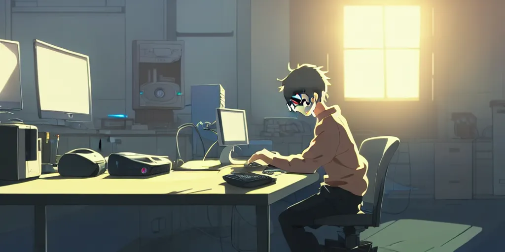 Image similar to a nerdy boy is programming at a computer in a room full of gadgets, by makoto shinkai and ghibli studio, dramatic lighting, highly detailed, incredible quality, trending on artstation