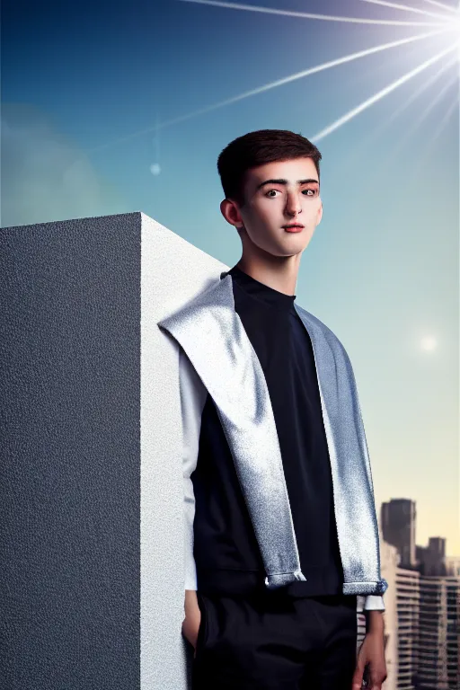 Image similar to un ultra high definition studio quality photographic art portrait of a young man standing on the rooftop of a british apartment building wearing soft padded silver pearlescent clothing. three point light. extremely detailed. golden ratio, ray tracing, volumetric light, shallow depth of field. set dressed.