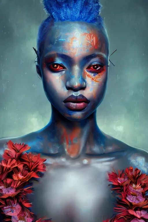 Prompt: portrait of beautiful young maiden, warhammer, afro style, more and more cyberpunk, a lot of more scars, more and more flowers, blue head, some red water, the middle ages, highly detailed, artstation, illustration, artgerm sylvari portrait, 8 k quality, art by max ernst