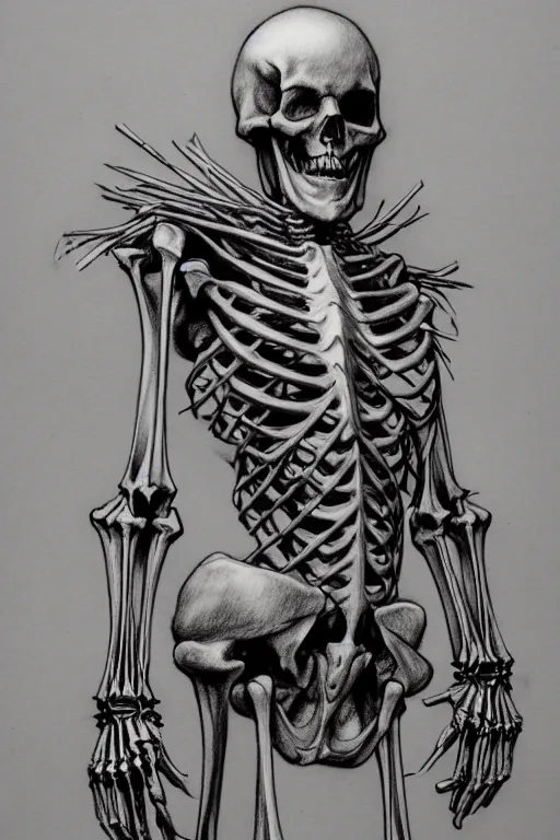 Prompt: very detailed drawing of a skeletal hunteress, very detailed character drawing, ruan jia, yoji shinkawa, yoshitaka amano, award - winning art