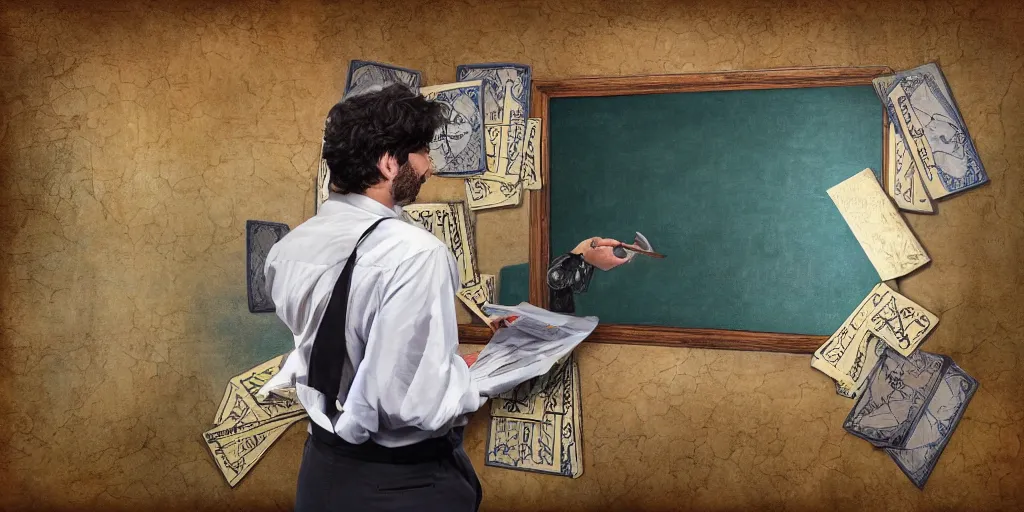 Prompt: back shot of male accountant examining the mysteries of tarot cards on a magical blackboard, fantasy art, matte painting, high quality, digital painting, artwork by terryl whitlatch