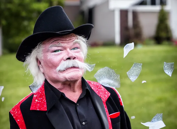 Image similar to photo still of rip taylor at a funeral service outside!!!!!!!! at age 5 4 years old 5 4 years of age!!!!!!! throwing confetti from a bucket, 8 k, 8 5 mm f 1. 8, studio lighting, rim light, right side key light