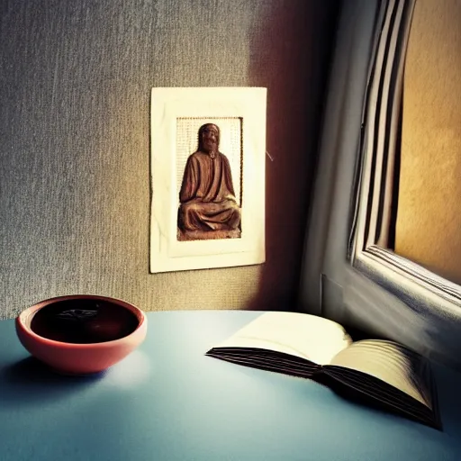 Prompt: wide angle photo, cozy room with window light, mirror and statuette of hotei and open book with jesus picture on a table, hyperrealism, light color, no hard shadow, pastel colours, polaroid photo