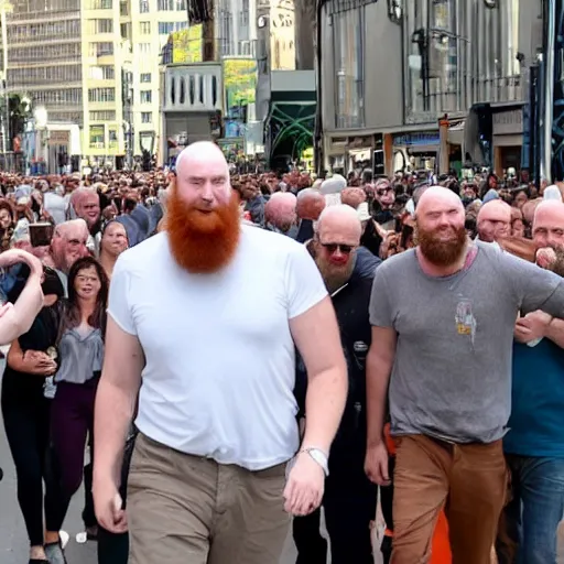 Image similar to a 7 foot tall, ginger, husky bodied, full bearded, balding middle aged man walking among the crowd