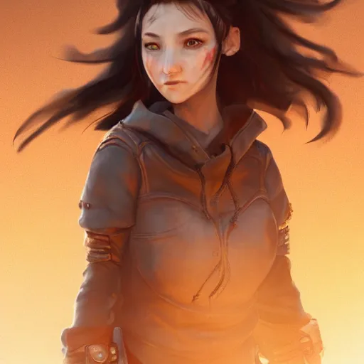 Image similar to beautiful young wind spirit, leather top, full round face, short smile, golden hour, full body, post apocalyptic setting, medium shot, mid-shot, highly detailed, trending on Artstation