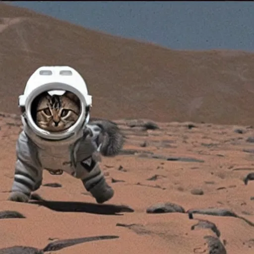 Image similar to a cat wearing a spacesuit in mars