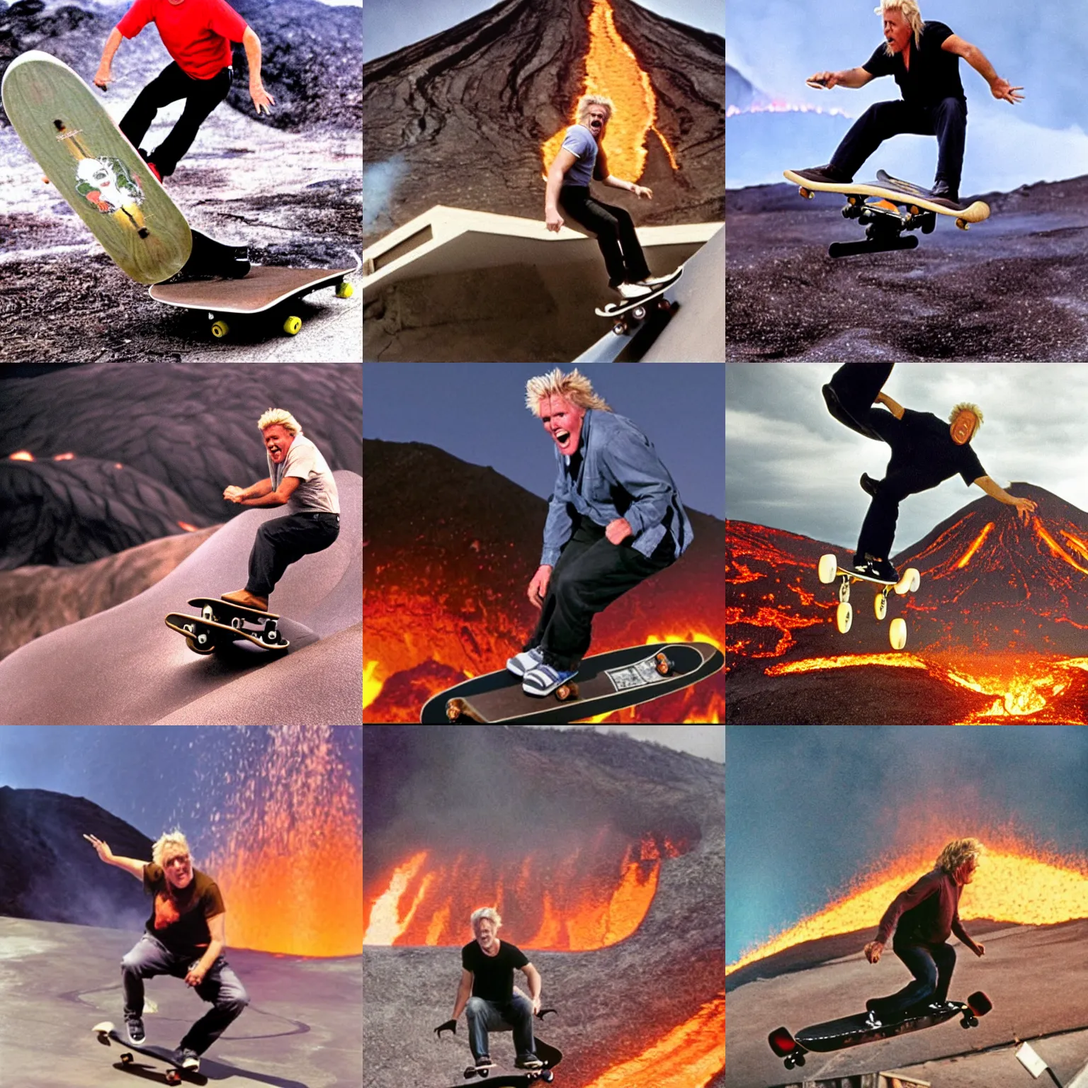 Prompt: gary busey doing a sweet skateboard trick into a volcano full of lava, movie still