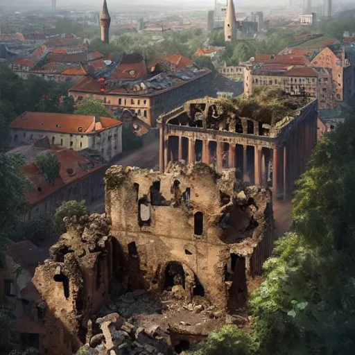 Image similar to aerial view of ruins of munich!!!, vegetation!!!, rubble!!, rusty cars!! hyperrealistic, highly detailed, cinematic, foggy light from fires, beautiful, cgssociety, artstation, 8 k, oil painting by greg rutkowski, by artgerm, by wlop