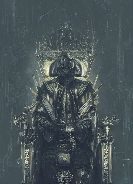 Prompt: a portrait of an old king on the throne, cyberpunk, grim - lighting, high - contrast, intricate, elegant, highly detailed, digital painting, artstation, concept art, smooth, sharp focus, illustration