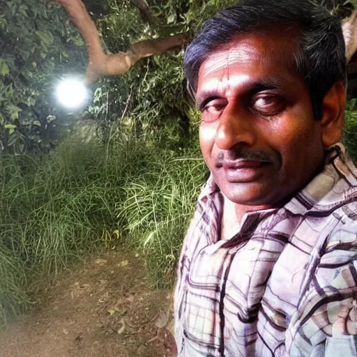 Prompt: indian dad accidentally taking a selfie with the front facing camera, squinting because the camera flash is so bright