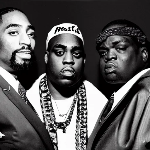 Image similar to Tupac, Notorious BIG, and Nipsey Hussle together as angels in heaven