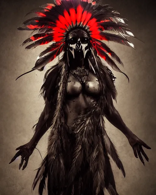 Prompt: wolf - human hybrid mutant ghost - spirit of the grim - warpaint wears the scarlet skull armor and native blood headdress feathers, midnight fog - mist!, dark oil painting colors, realism, cinematic lighting, various refining methods, micro macro autofocus, ultra definition, award winning photo, photograph by ghostwave - gammell - giger - shadowlord