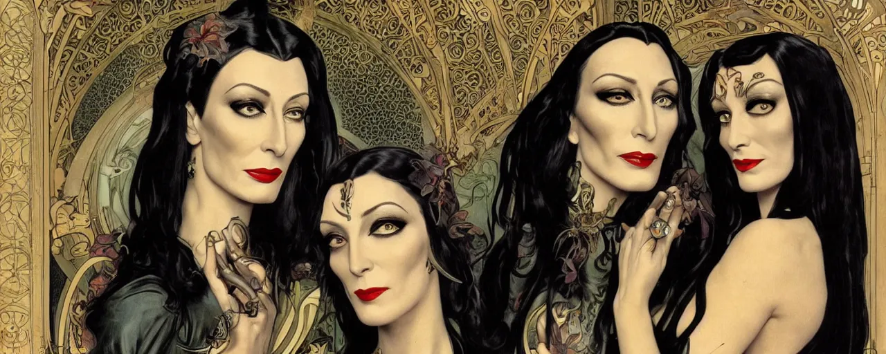 Image similar to stunning exotic art nouveau portrait of anjelica huston and morticia addams as industrial dieselpunk queens of the night by glenn fabry, simon bisley and alphonse mucha, photorealism, extremely hyperdetailed, perfect symmetrical facial features, perfect anatomy, ornate declotage, spikes, latex, confident expression, wry smile, sinister eyes