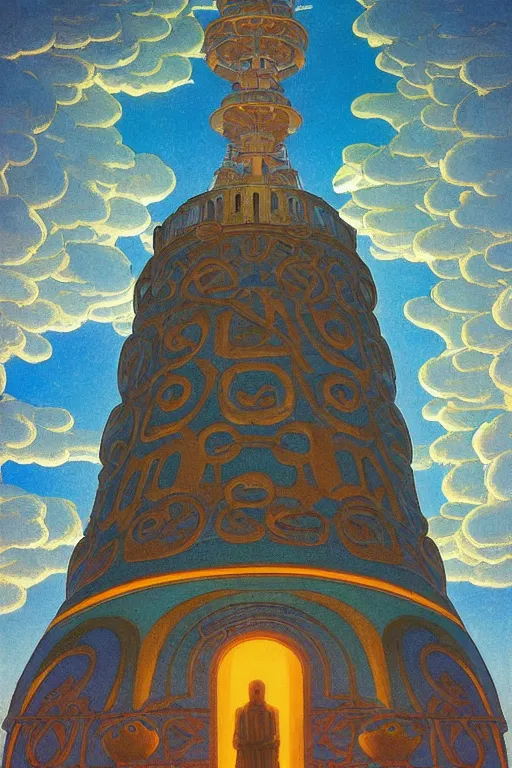Image similar to glorious painted belltower of the sun and the lost stars, by Sylvain Sarrailh and Nicholas Roerich and jean delville and Maxfield Parrish, dramatic cinematic lighting , beautiful garden, ornate architecture, smooth, sharp focus, extremely detailed