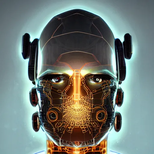 Image similar to centered symmetrical portrait of a persian cyberpunk cyborg surgeon with glowing cybernetics, hyperdetailed, digital painting, trending on Artstation, cel-shading style, CG society, hyperdetailed, digital painting, hypermaximalist, golden ratio, volumetric, octane render, weta digital, micro details, 3d sculpture