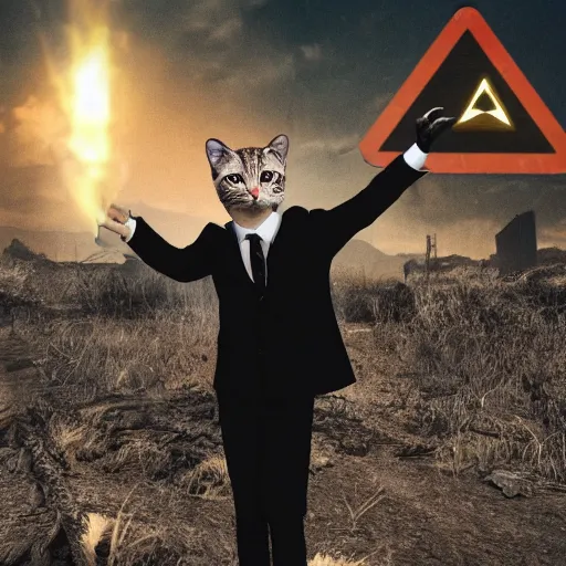 Prompt: photorealistic anthropomorphic cat, wearing black business suit, holding illuminati hand symbol, post apocalyptic cinematic photorealistic background, still