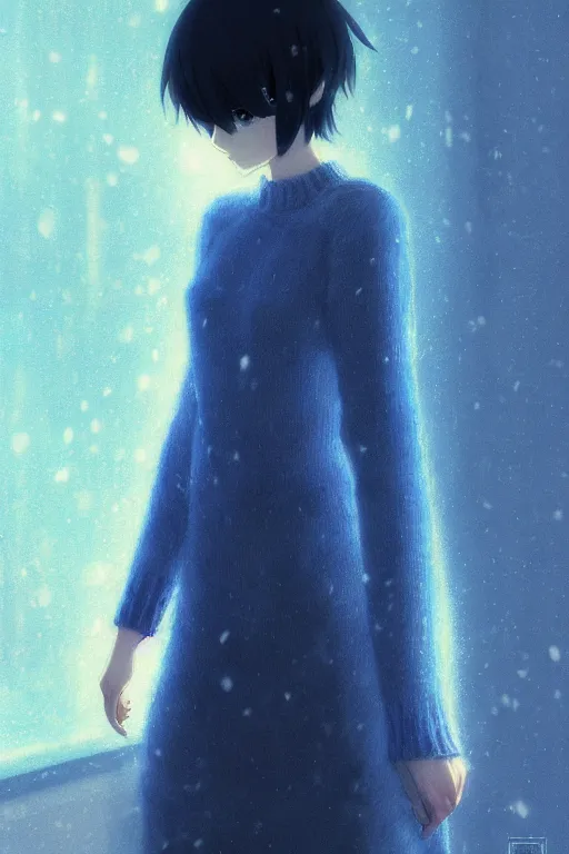 Image similar to a portrait of the sapphire herald in an elegant winter sweater, by makoto shinkai, by akihiko yoshida, by zdzislaw beksinski, by dariusz zawadzki, artbook, tone mapped, deep blues, shiny, soft lighting