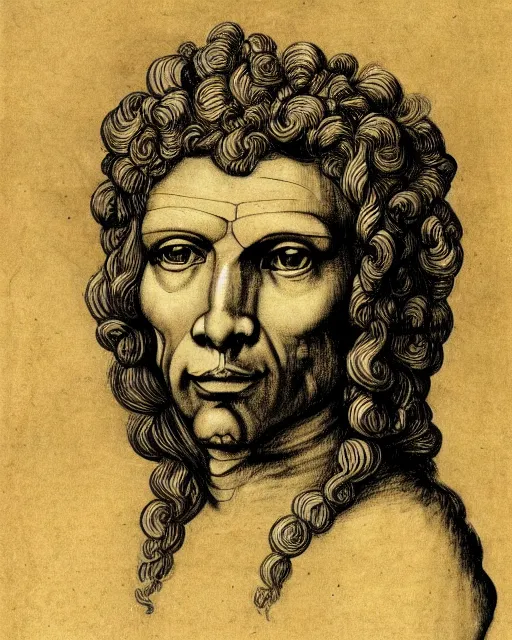 Image similar to human - eagle - lion - ox portrait. drawn by da vinci