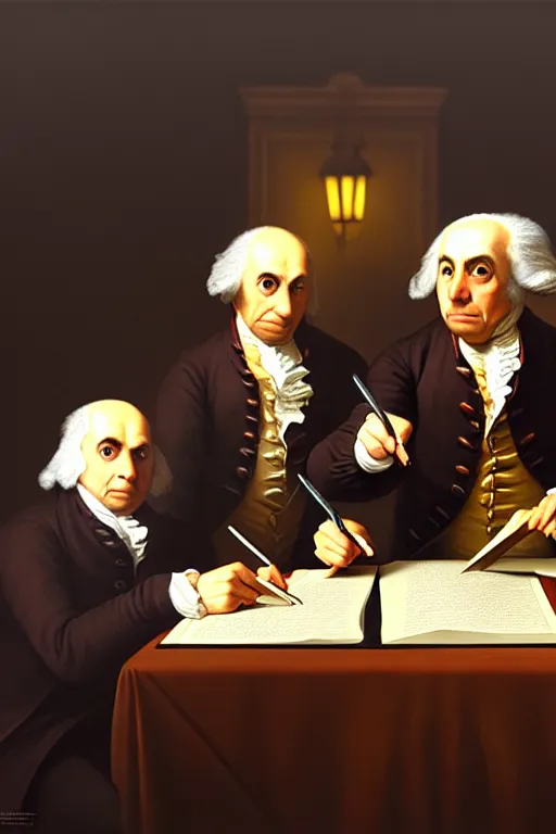 Image similar to portrait of anthropomorphic owls signing of the declaration of independence, dramatic lighting, highly detailed, digital painting, artstation, concept art, smooth, sharp focus, illustration, art by wlop, mars ravelo and greg rutkowski