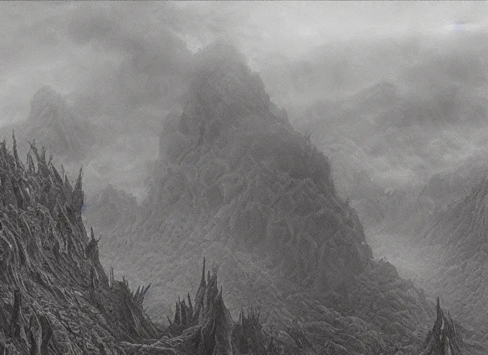 Prompt: pleasing misty palette. intricate sharp spikes riddle this puzzling landscape, it's too detailed, too dense, too much profound density, oppressively detailed, painterly fantasia ( 1 9 4 1 )