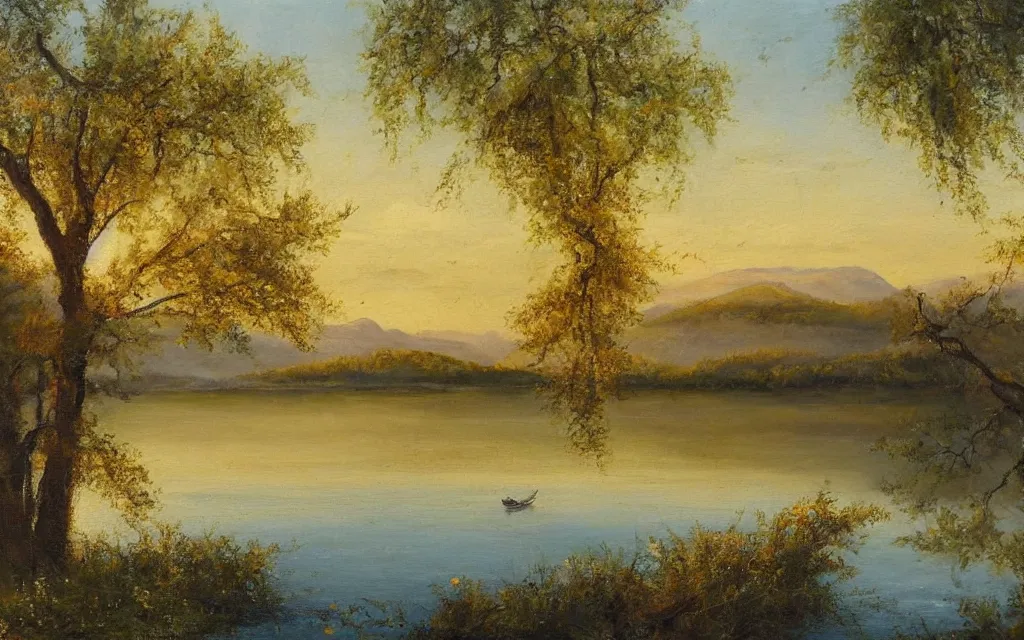 Prompt: a painting of the most beautiful lake in the spring morning, by vilhelms purvitis, oil on canvas